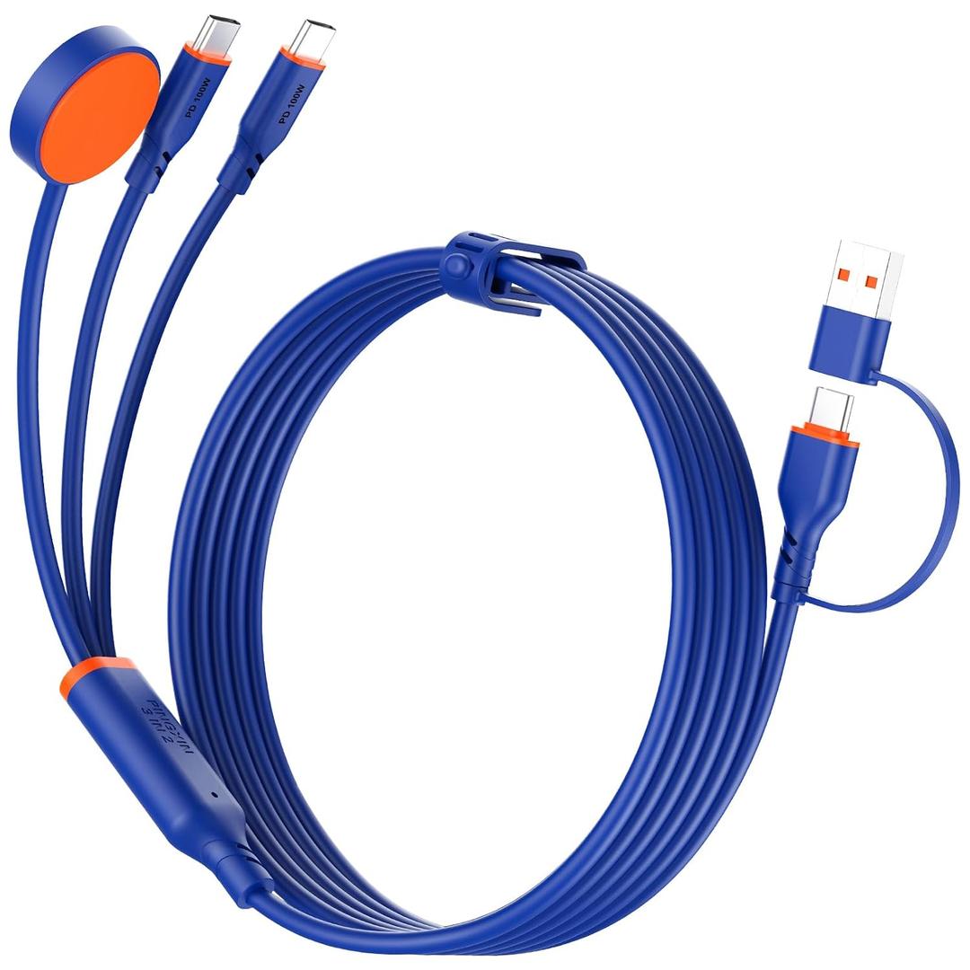 Travel Essentials 3 in 2 Multi Charging Cable 100W USB A/C to Dual USB C/for Apple Watch Charging Cable Silicone Fast Charge Compatible with iPhone 17-15 Series iPad MacBook, Type-C Devices 5FT-Blue