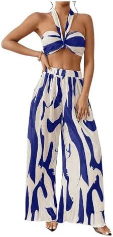 OYOANGLE Women's 2 Piece Outfits Graphic Print Knitted Crop Halter Top and Wide Leg Pants Set S