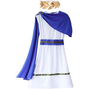 Greek Toga Costume for Kid Ancient Grecian Mythos Philosopher Rome Nobility Halloween Cosplay Outifit for Boys (8-12 Years, Blue)
