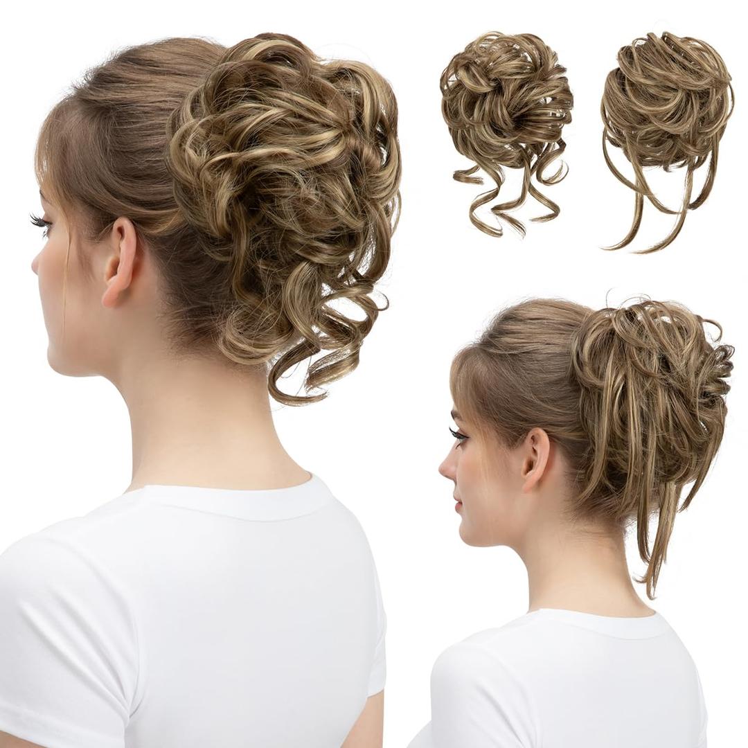 SARLA 2PCS Messy Bun Hair Pieces for Women Wavy Curly Synthetic Hairpieces for Updos with Tendrils Fake Scrunchies Ponytail Extension Brunette/Ash Blonde
