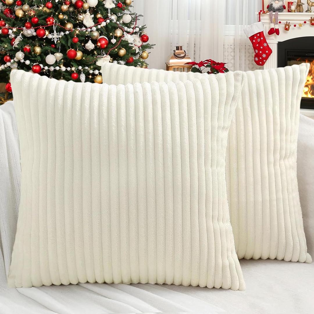 Simmore Decorative Christmas Throw Pillow Covers 20x20 Set of 2, Soft Natural Plush Flannel Double-Sided Fluffy Couch Pillow Covers for Sofa Living Room, Cream White