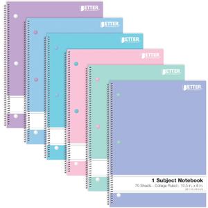 Better Office Products Spiral Notebooks, 6 Pack, 1 Subject, 70 Sheets, 10.5 x 8 inches, 6 Assorted Pastel Colors (College Ruled)