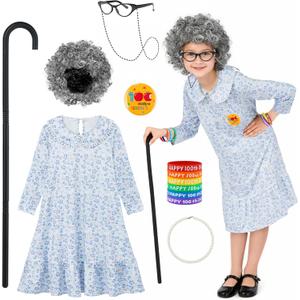 AOTHSO 13 Pieces Old Lady Costume for Kids 100 Days of School Costume with Grey Wig Glasses Cane Necklace for Granny Dress Up (8-10 Years, Light Blue)