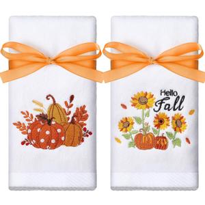 Tiamon 2 Pcs Fall Thanksgiving Hand Towels Happy Fall Cotton Pumpkin Embroidered Bathroom Kitchen Towels 13.8'' x 29.5'' with Ribbon Autumn Decor for Dish Tea Party Drying Cleaning Housewarming Gifts