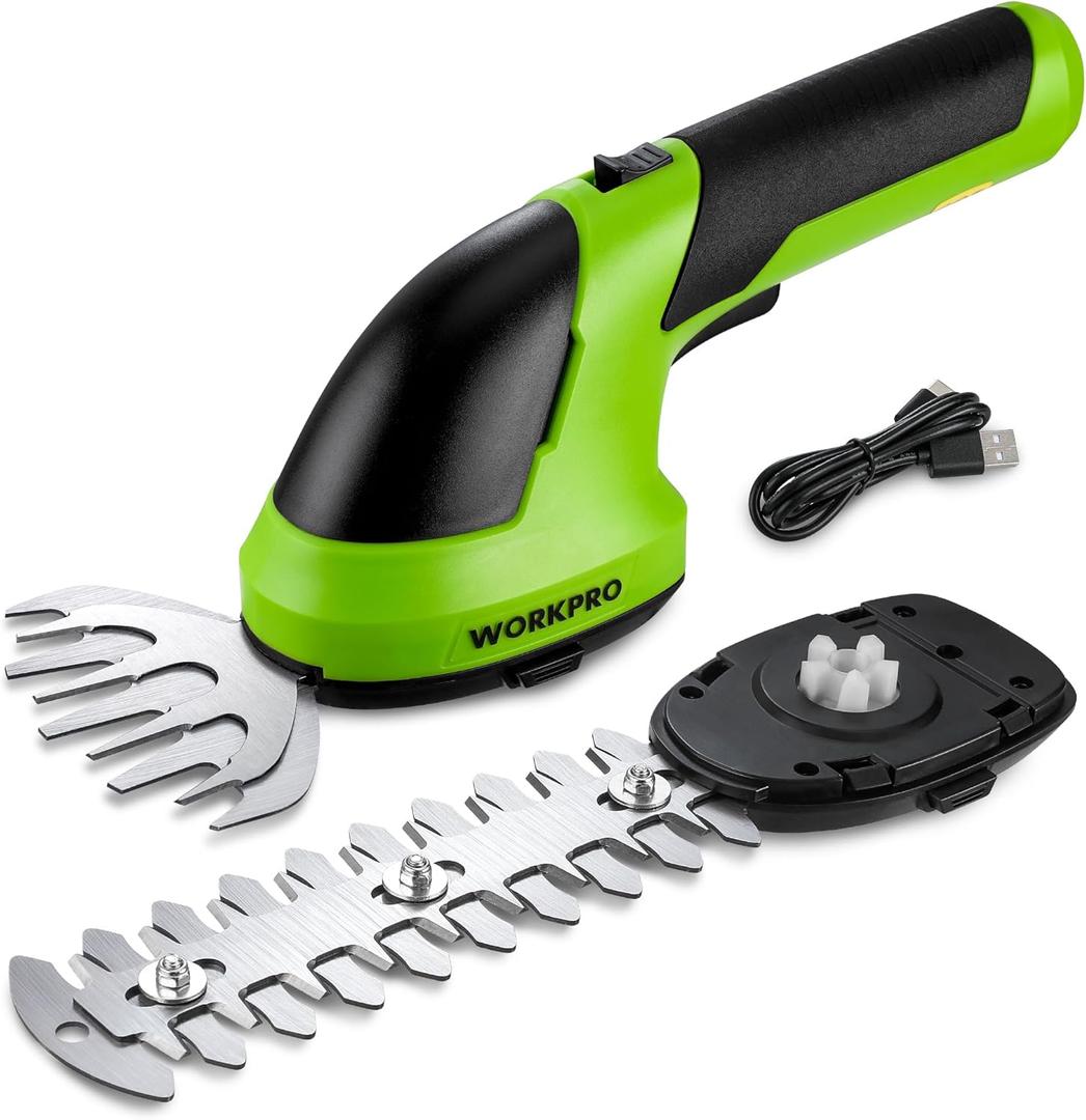 WORKPRO Cordless Grass Shear & Shrubbery Trimmer - 2 in 1 Handheld 7.2V Electric Grass Trimmer Hedge Shears/Grass Cutter Rechargeable Lithium-Ion Battery and Type-C Cable Included (Green)