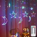 Lemical Star Moon Curtain Lights 11.5ft Battery Powered Remote Control LED Fairy Light Strings,8 Flashing Modes Waterproof Decorative Lights for Christmas, Party, Bedroom Decorations(Multicolored)