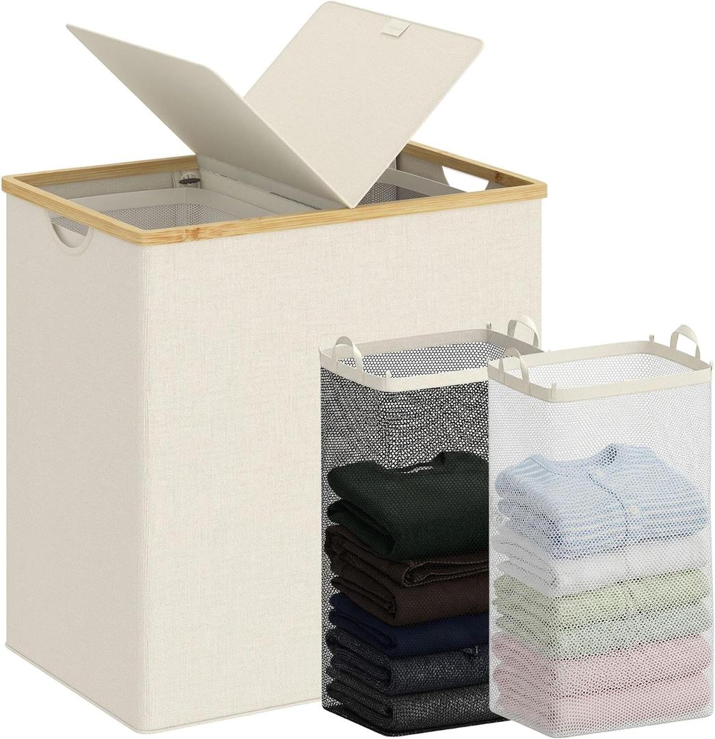 efluky Laundry Hamper with Lid, Double Laundry Hamper with 2 Removable Bags, 2 Section Laundry Basket with Bamboo Handles for Bathroom, Bedroom & Laundry Room, 140L (36.9 Gallon) Beige, 140L Dual