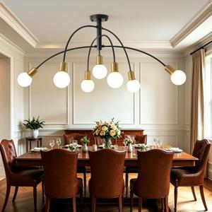 Modern Mid Century Large Kitchen Island Chandelier,Bright Long 7 Light Gold and Black Sputnik Semi Flush Mount Ceiling Light Fixture for Dining Room Living Room Bedroom