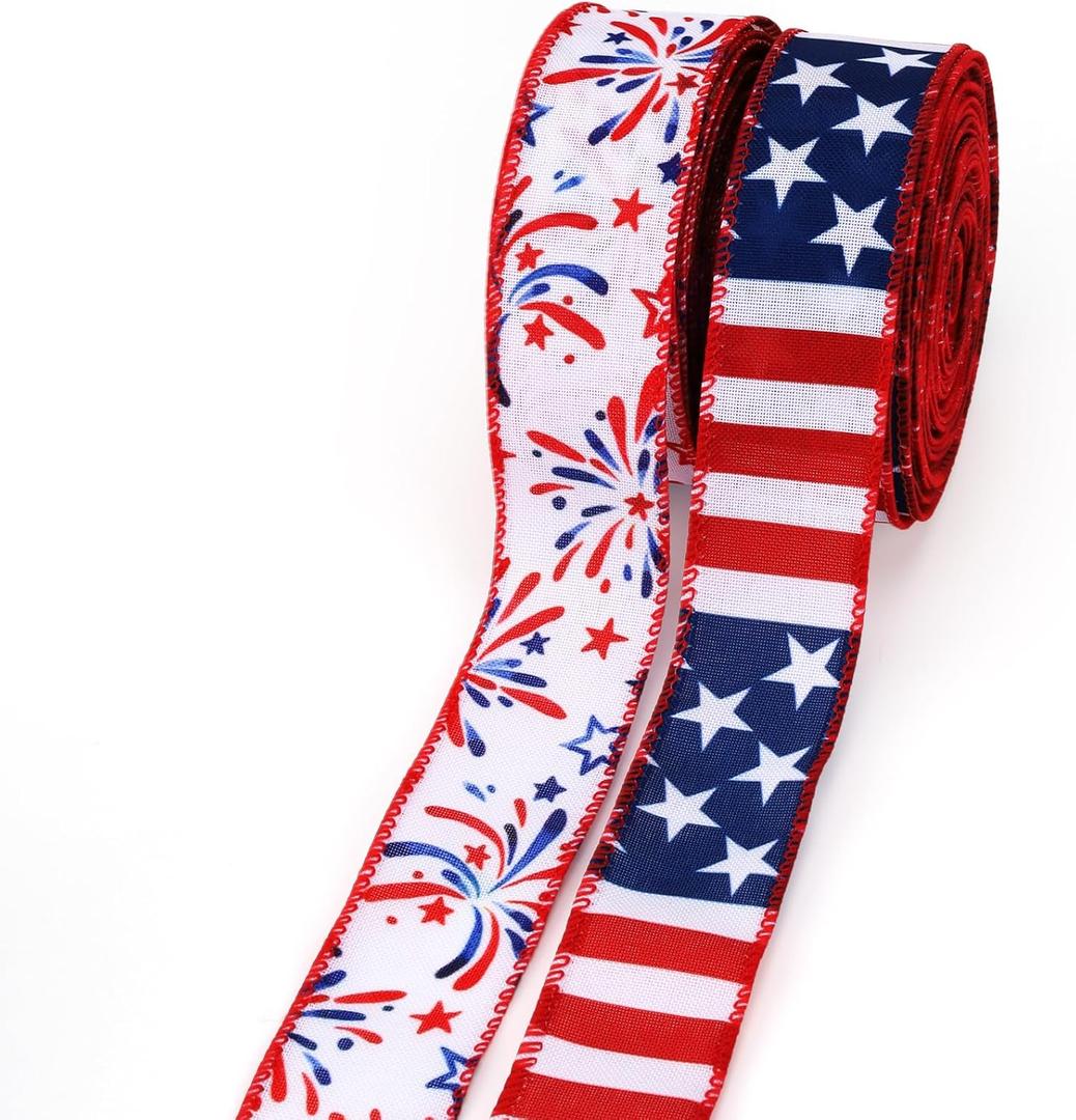 LaRibbons Patriotic Ribbon Wired 2 Rolls 1.5 Inch x 20 Yards TTL, Red White Blue Fireworks & American Flag Ribbon for 4th of July, 250th Anniversary, Independence Day Wreath Gift Wrapping Crafts