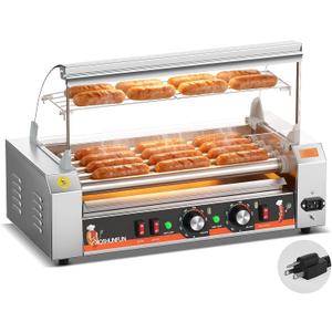 Commercial Hot Dog Roller Machine, 5 Rollers | Sausage Grill, Glass Hood, Front Door & Warming Rack, Chain-Driven, 304 SS Rollers, 110V