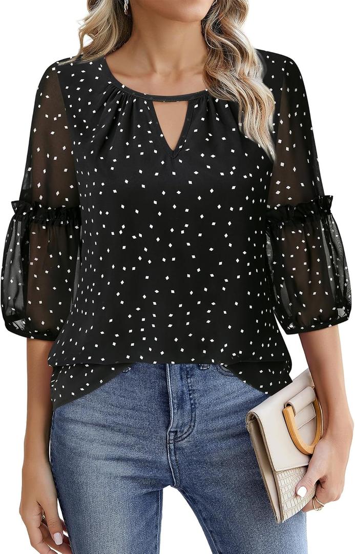 Timeson Women's Business Casual Tops 3/4 Sleeve Chiffon Blouses Office Work Shirts (XX-Large, Black White)
