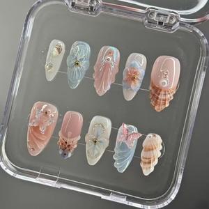 Maglfell 10 Pcs Handmade Press on Nails - Medium Almond Acrylic Nails Blue French Tips Stick ons 3D Summer vacation Fake nails for Women (Size M)