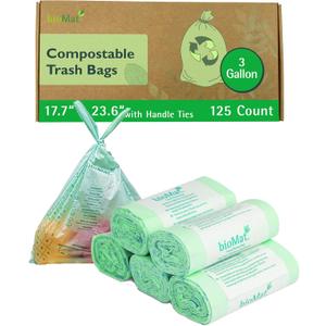 bioMat 3 Gallon Compostable Food Scrap Bags with Handle Ties, 125 Count, Compost Bags for Kitchen Compost Bins, BPI ASTM D6400 and CMA Certified Biodegradable Trash Bags