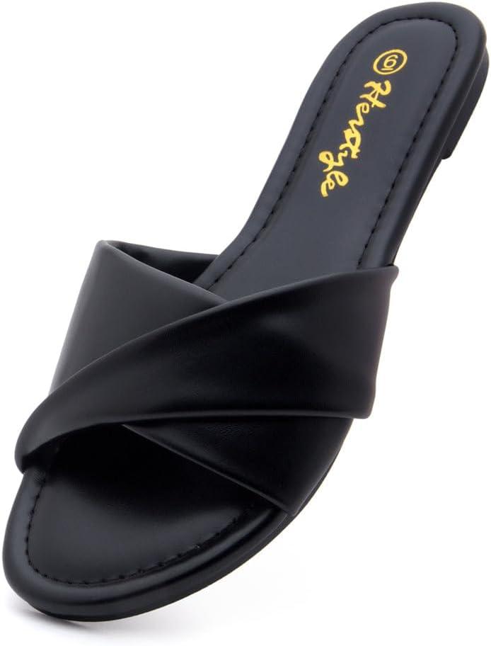 Herstyle Womens Flat Sandals 2025 Comfortable Dressy Slide Sandals | Cushioned Slip-On Summer Casual Sandals with Open Toe for Beach, Travel & Everyday Wear (Black) Size 5.0