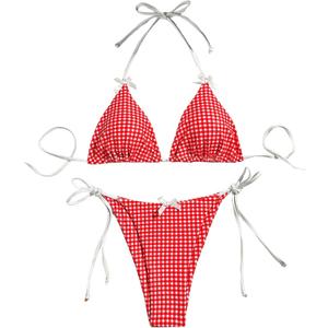 BEAUDRM Women's 2 Piece Y2K Gingham Print Bow Front Bikini Halter Tie Bikini Set Triangle Set Beachwear Swimsuit Bathing Suit Red and White Small
