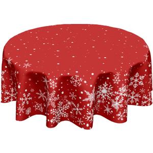 Red Christmas Snowflake Tablecloth Round 60 Inch Xmas Holiday Theme Circle Table Cloth Winter Decorative Table Cover for Kitchen Dinner Home Decor