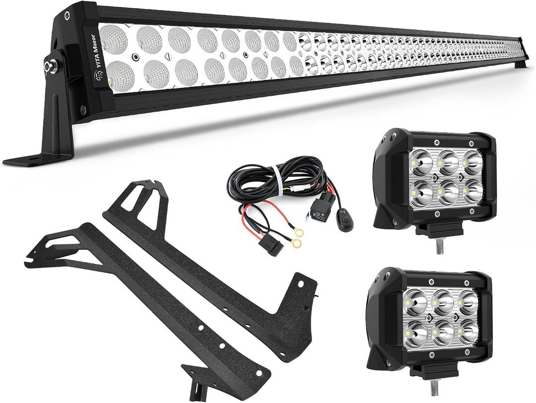 YITAMOTOR 52 Inch LED Light Bar + 2X 18W 4 Inch Spot Fog Light Pods+ Mounting Bracket with Wiring Harness for 07-18 Jeep Wrangler JK