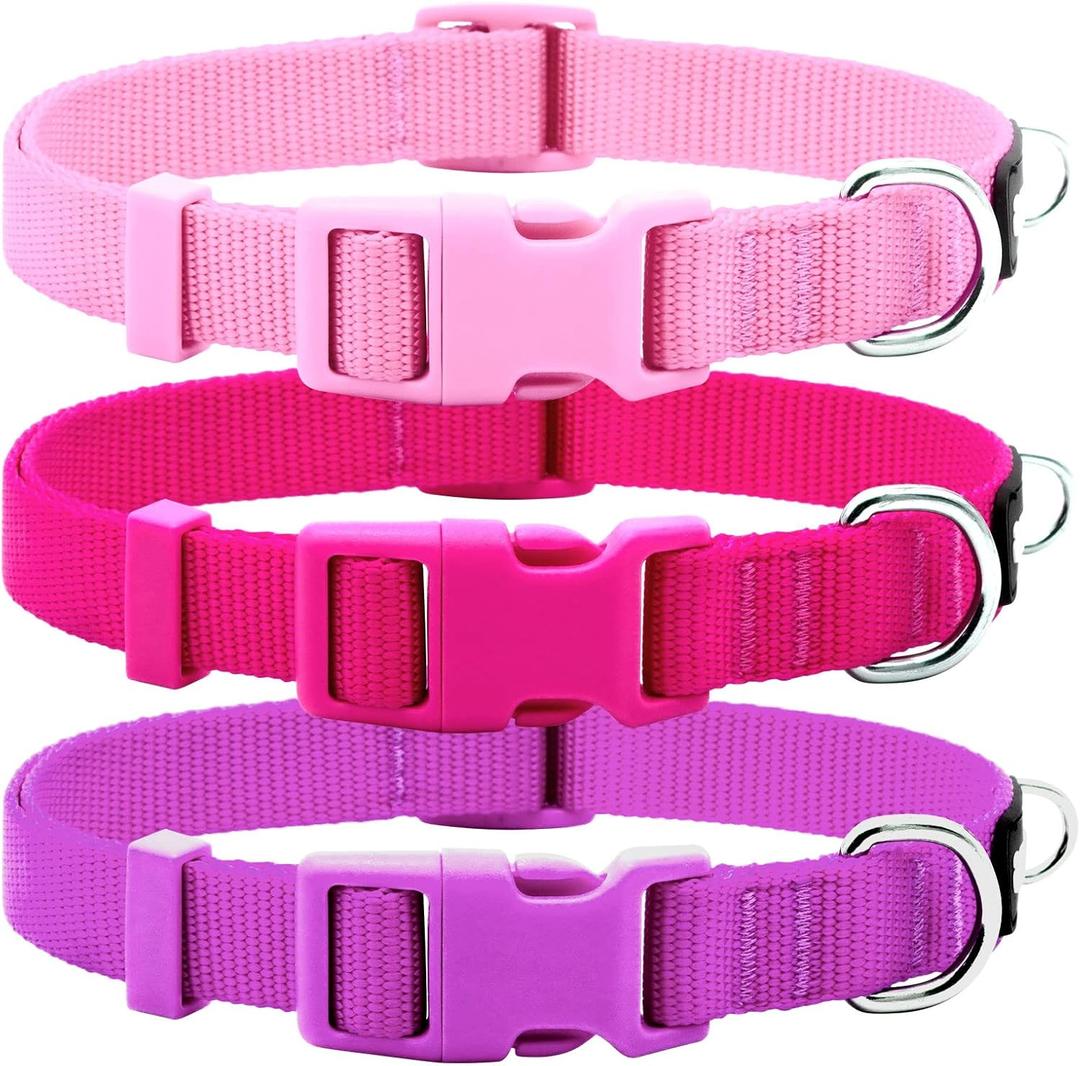 Azuza 3 Pack Dog Collars Comfortable and Adjustable Nylon Dog Collars for Medium Dogs, M (14-20inch)Pink, Hot Pink and Purple