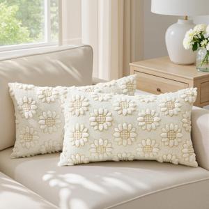 EMEMA Cream Floral Tufted Throw Pillow Covers, Set of 2 Soft Textured Decorative 12x20 Cushion Cases Bringing a Light, Cozy Layer to Sofa, Couch, Bedroom or Modern Farmhouse Living Room Décor