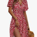 FENSACE Womens Sundress Summer Floral Short Sleeve Wrap V Neck A-Line Midi Dress M