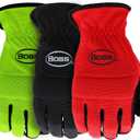 BOSS Men's Task 3-Pack High Performance Synthetic Leather Palm Work Gloves, Abrasion Resistant, Black, Red, Yellow, Size Large