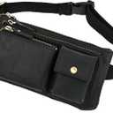 Water Resistant Canvas + Leather Hiking Riding Travel Fanny Waist Pack Small Phone Pouch For Men Women FB811-29 (100% Leather-Thick Black)