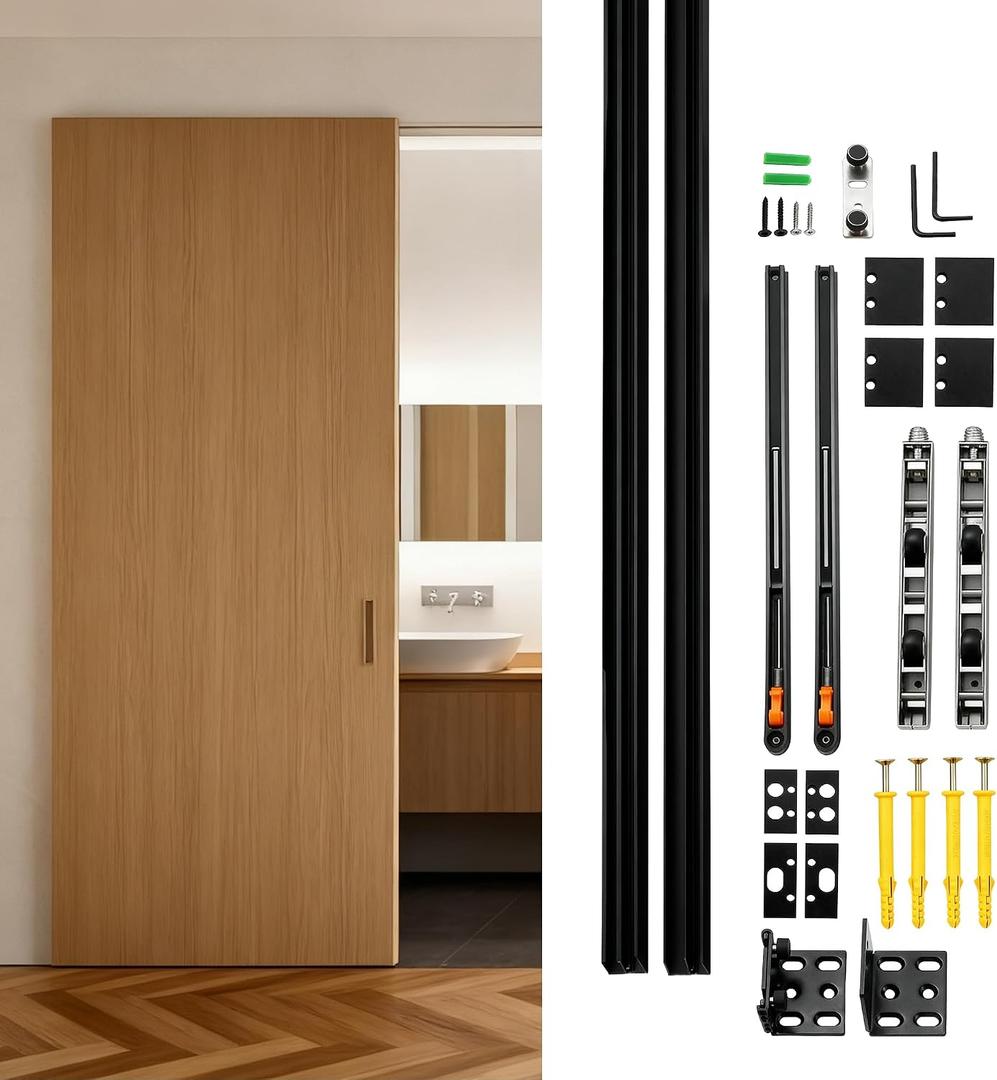 Trackless Sliding Ghost Door Kit, 59 in Concealed Barn Hardware | Trackless Concealed Glide, Nylon Silent Rollers, Dual-Wheel System, 176 Lb Load, Complete Hardware Set for Installation