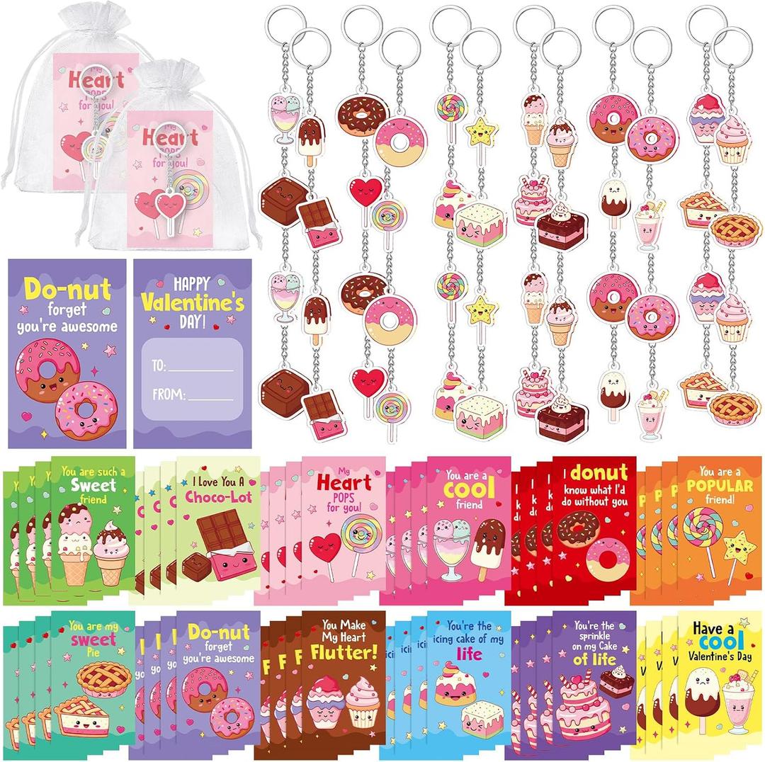 Kigeli 48 Set Valentine's Day Cards for Classroom Exchange Gifts Sweet Dessert Valentine Keychains and Pun Note Cards Organza Bags for Valentines Party Favors Goodie Bags Stuffers School Events Prizes