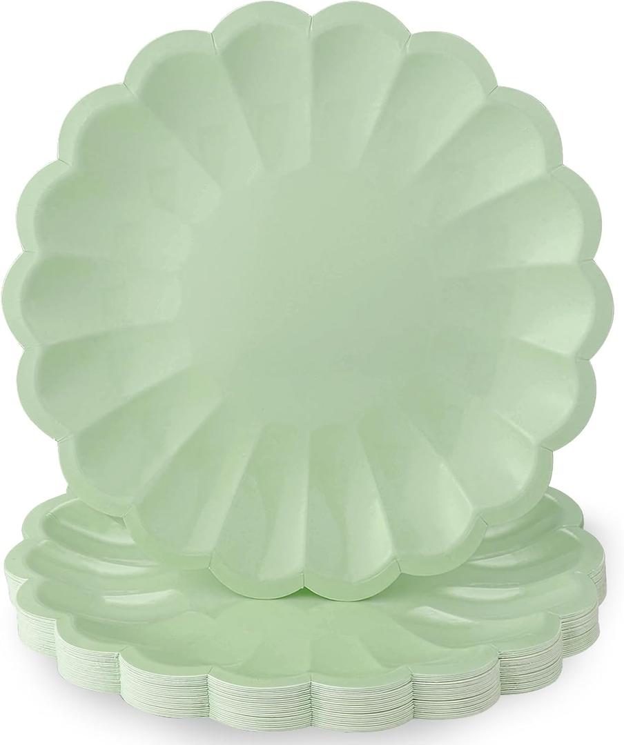 NatNarr 30 Pcs Sage Green Paper Plates 9.5 In Green Plates Disposable Heavy Duty Scalloped Party Plate with Shell Edge for Wedding Birthday Bridal Shower Baby Shower