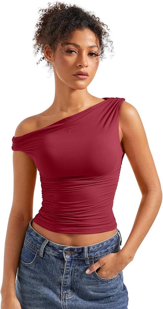 SUUKSESS Women Off Shoulder Tops Sleeveless Shirts Y2K Going Out Crop Tank Top (Small, Wine Red) SUUKSESS Women Off Shoulder Tops Sleeveless Shirts Y2K Going Out Crop Tank Top (Small, Wine Red)