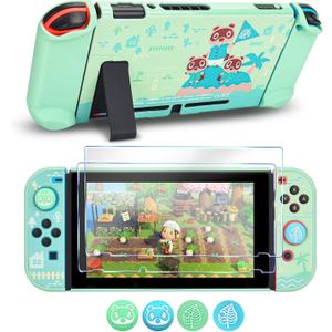 DLseego Protective Case Design for Switch Model, Newest Pattern Animal Crossing Design Cover Case with 2 Pcs Glass Screen Protectors and 4 Pcs Cute Thumb Grip Caps Green Accessories Set