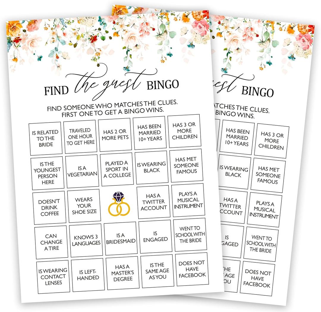 Bridal Shower Bingo Games, Find The Guest Bingo, Spring Floral Bridal Shower Party Game Cards For Wedding Engagement Bachelorette, Fall Bridal Shower Decor Favors Supplies, 25 Game Cards Included -09