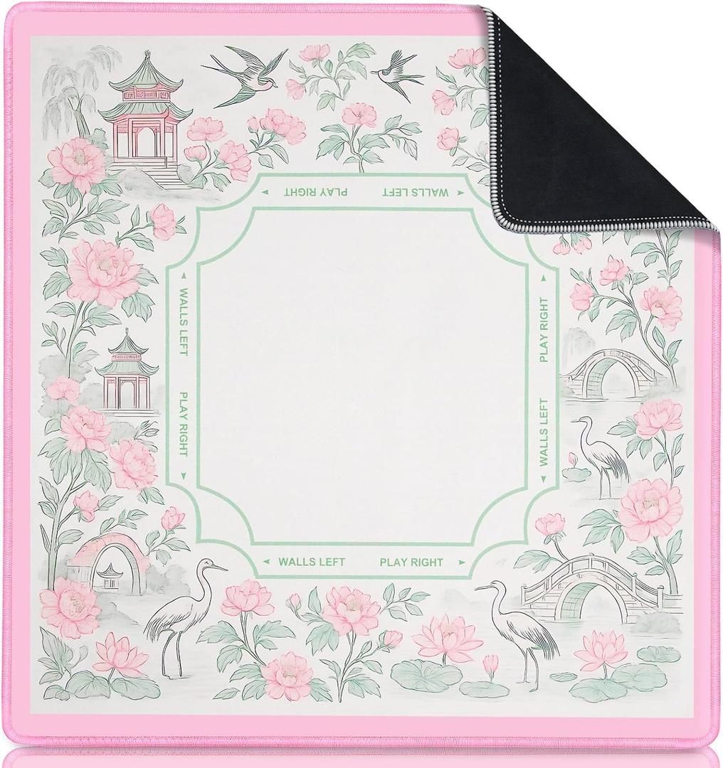 Chinoiserie Mahjong Mat for Table, 31.5" x 31.5" Pink Anti Slip and Noise Reduction Multi Purpose Pretty Gaming Mat for Poker, Card, Dominoes, Board & Tile Games, Mahjong Gift with Carrying Bag, Garden