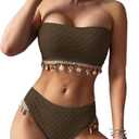 ZAFUL Women Strapless Bandeau Bikini Shell 2 Piece Swimwear Cheeky Solid Lace up Pom Bathing Suits, M