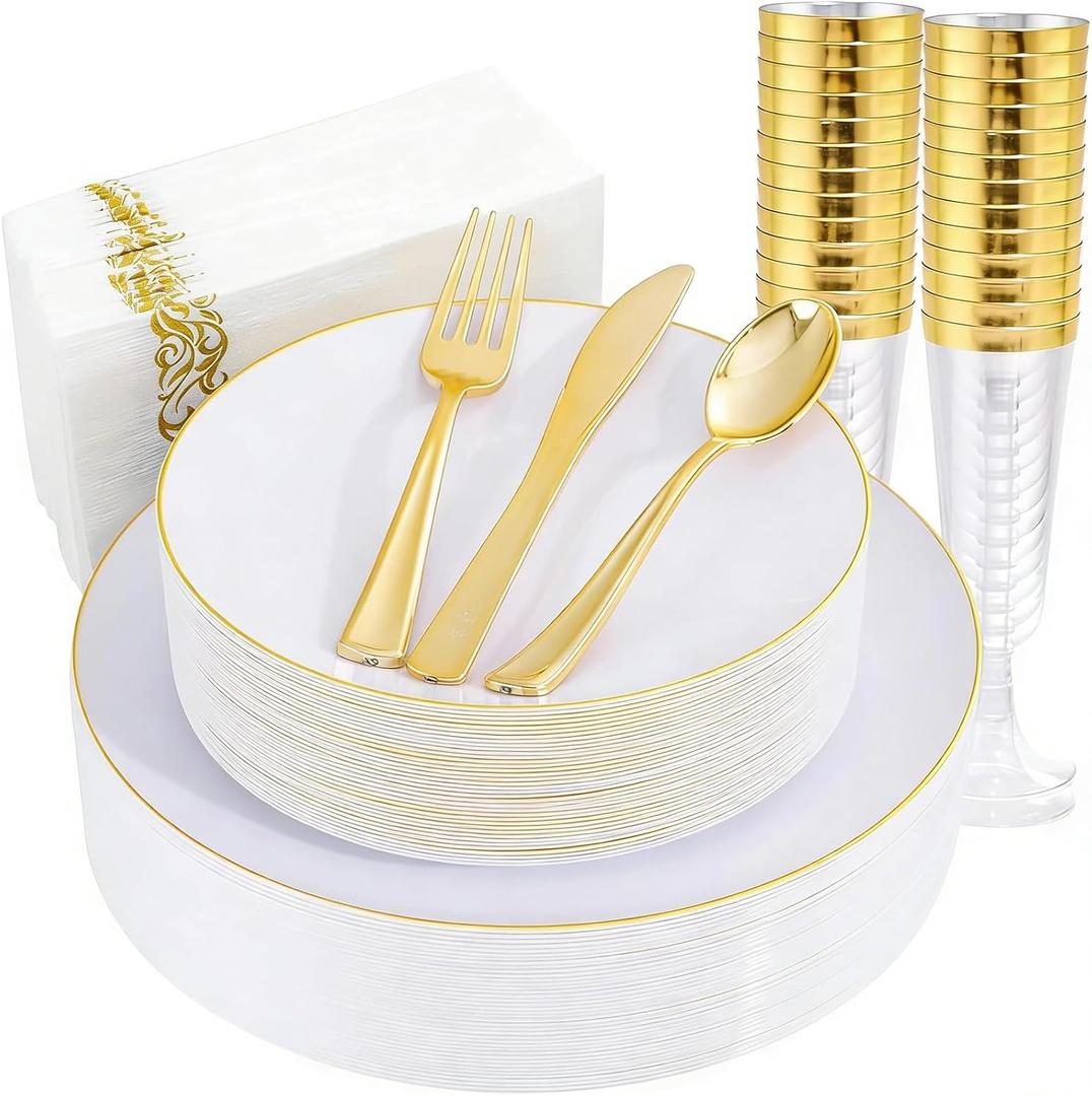 Liacere 175PCS White and Gold Plastic Plates - Gold Plate Include 50Plastic Plates, 25Forks, 25Spoons, 25Knives, 25Napkins, 25Champagne Flutes Plastic for Party & Wedding & Christmas & New Year