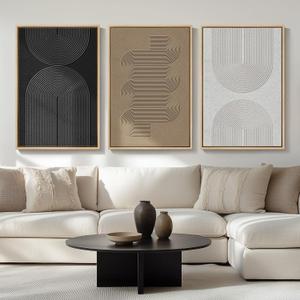 Large Framed Black and White Neutral Abstract Wall Art for Living Room, 3 Piece Boho Canvas Prints Paintings Artwork for Walls, Minimalist Geometric Pictures for Hallway Office Wall Decor 24x36 In (Boundless Lines)