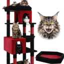 Globlazer Heavy Duty Gothic Cat Tree, 72in Large Cat Tower with Coffin Bed, Sturdy Maine Coon Cat Tree for Large Cats 20 lbs+, Medieval Castle Style with 6 Scratching Posts & Hammock, S72, Black & Red