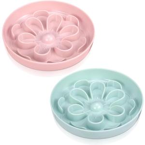 Funnymoom 2 Pcs Cat Slow Feeder Bowl Cute Cat Food Bowl with Bloom Design Healthy Eating Diet Interactive Feeder Wet Dish for Pets Small Dogs(Pink, Green)
