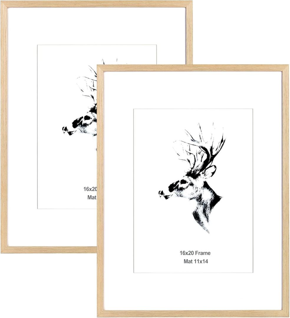 Yaetm 16x20 Picture Frame Matted to 11x14 Set of 2, Natural Solid Oak Wood Frame 16x20 for Photos, Posters & Art Prints, Horizontal and Vertical Wall Mount (2 pack, Oak)