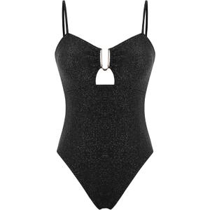 ZAFUL Women's One Piece Swimsuit Ribbed Open Back Bathing Suit Tummy Control Scoop Neck Adjustable Straps High Cut Swimwear (2-dark Black)