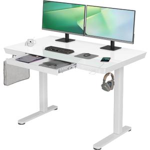YDN Glass Standing Desk with Drawers, 48 x 24 Inch Electric Stand Up Desk with USB Ports, Adjustable Height for Home Office, White
