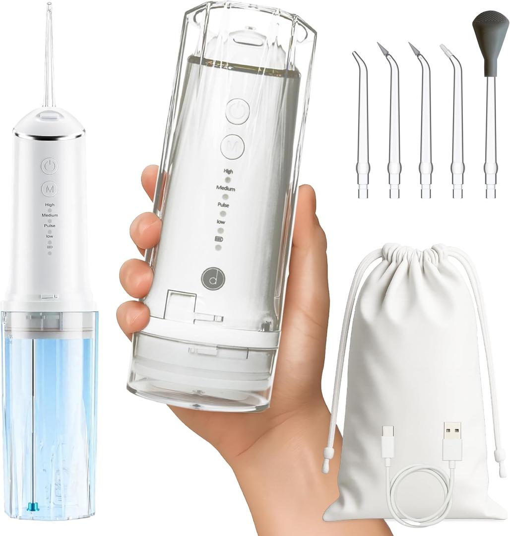 Portable Water Flosser for Teeth Cleaning  Travel Size, Compact & Cordless Water Flosser with UV Sterilizer, 5 Nozzles, 4 Pressure Modes, USB-C Rechargeable Dental Tool for Home or On-The-Go Use
