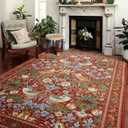 Strawberry Thief Area Rug Rust Red, Ultra Thin 5x7 Washable Rug, Modern Abstract Art Living Room Rug, Boho Rustic Vintage Floral Botanical Carpet for Bedroom Kitchen Dining Room Entryway Dorm