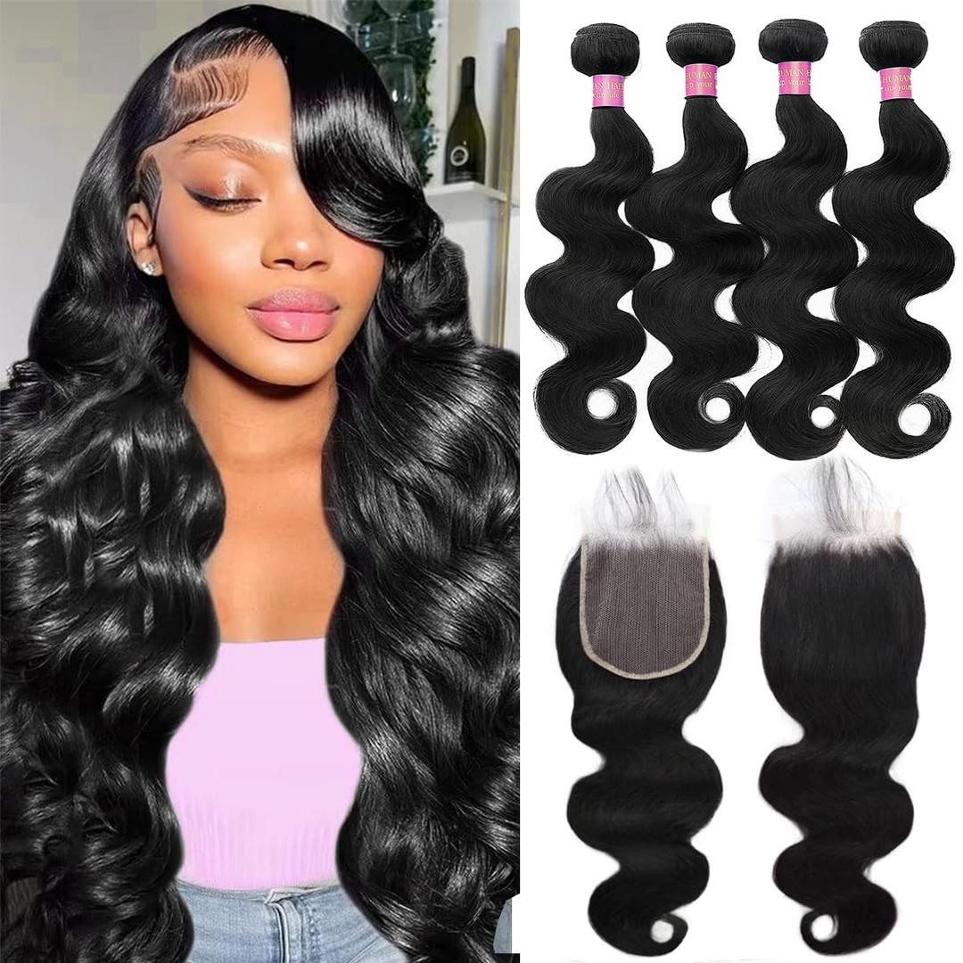 12A Human Hair Bundles with Closure 18 20 22 24+16 Inch Brazilian Body Wave 4 Bundles Human Hair with 5x5 HD Lace Closure Unprocessed Virgin Human Hair Natural Black