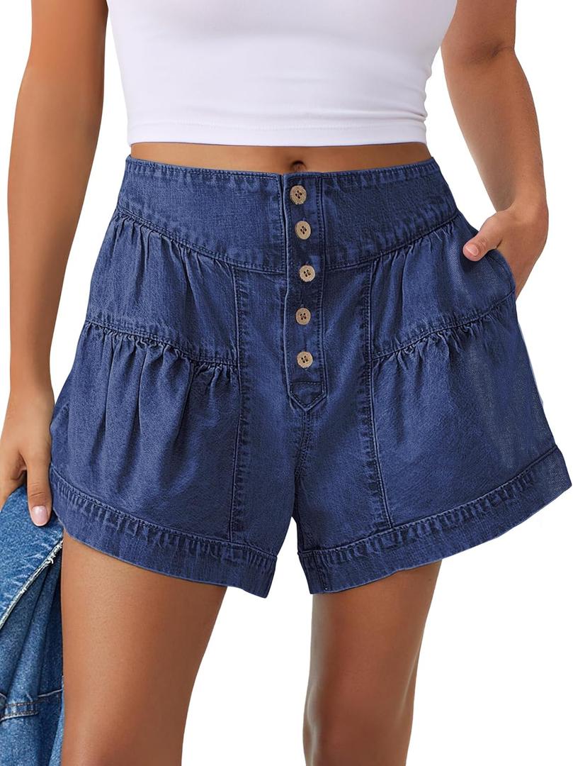 ANRABESS Women's Denim Shorts Summer Baggy High Waisted Flowy Wide Leg Buttons Pleated Casual Jean Shorts 2025 Fashion Skorts Dark Blue Small