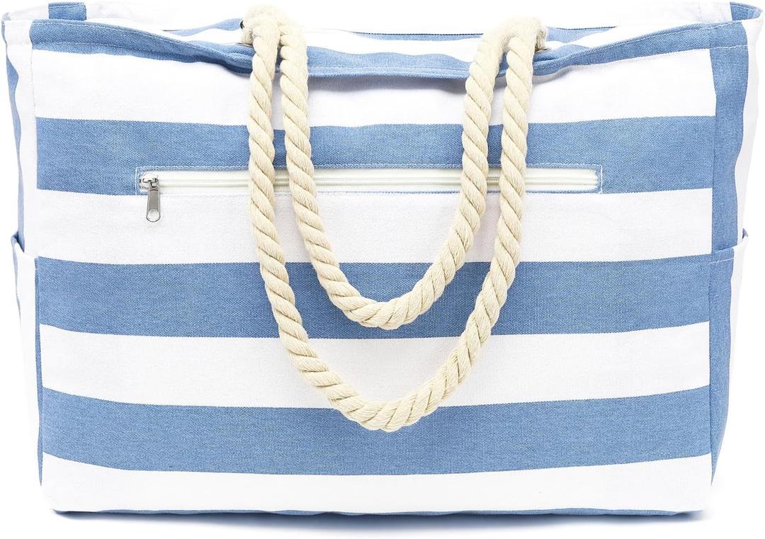 Large Canvas Beach Bag for Women, Beach Bags Waterproof Sandproof with Zipper & Wet Bag Cruise Essentials