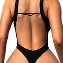 Foxiny Sexy Backless Cheeky High Cut Leg Thong V Neck One Piece Swimsuit,Black, Medium