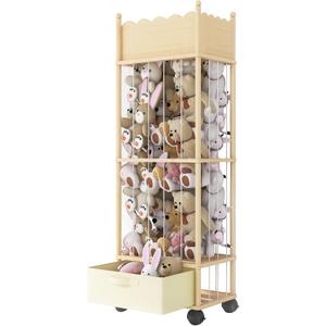 Wooden Stuffed Animal Storage Organizer with Wheels & Drawer  3-Tier Plush Toy Zoo Holder for Kids Room, Nursery & Playroom  Safe Solid Wood, Elastic Rope Design, Smooth Wave Edge