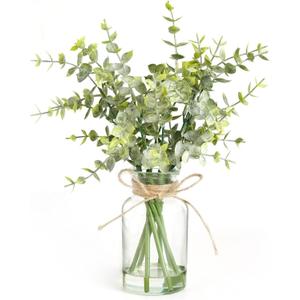 Muhanjia Artificial Eucalyptus Stems in Glass Vase with Faux Water, 7Pcs Fake Plant for Centerpiece Bathroom Farmhouse Room Home Decor (Sage Green Eucalyptus)