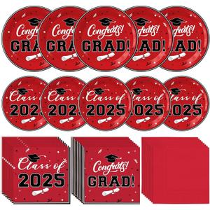 Graduation Decorations 2025, 200 Pcs Red Class of 2025 Graduations Party Supplies Kit with Paper Plates, Luncheon Napkins, Cocktail Napkins, Congrats Grad Decorations for 50 Guests (Red)